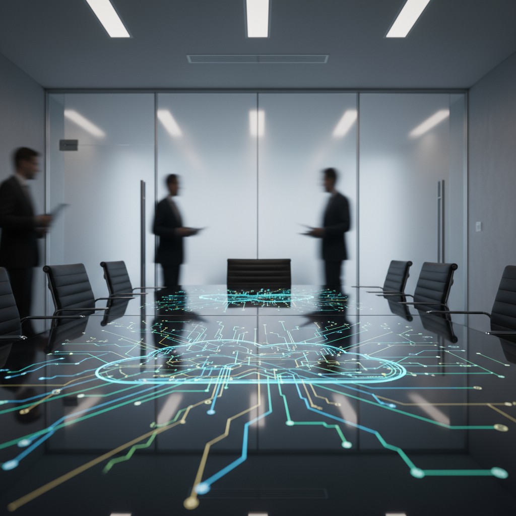 An office conference room with two people and a 3D of computers inside a table.