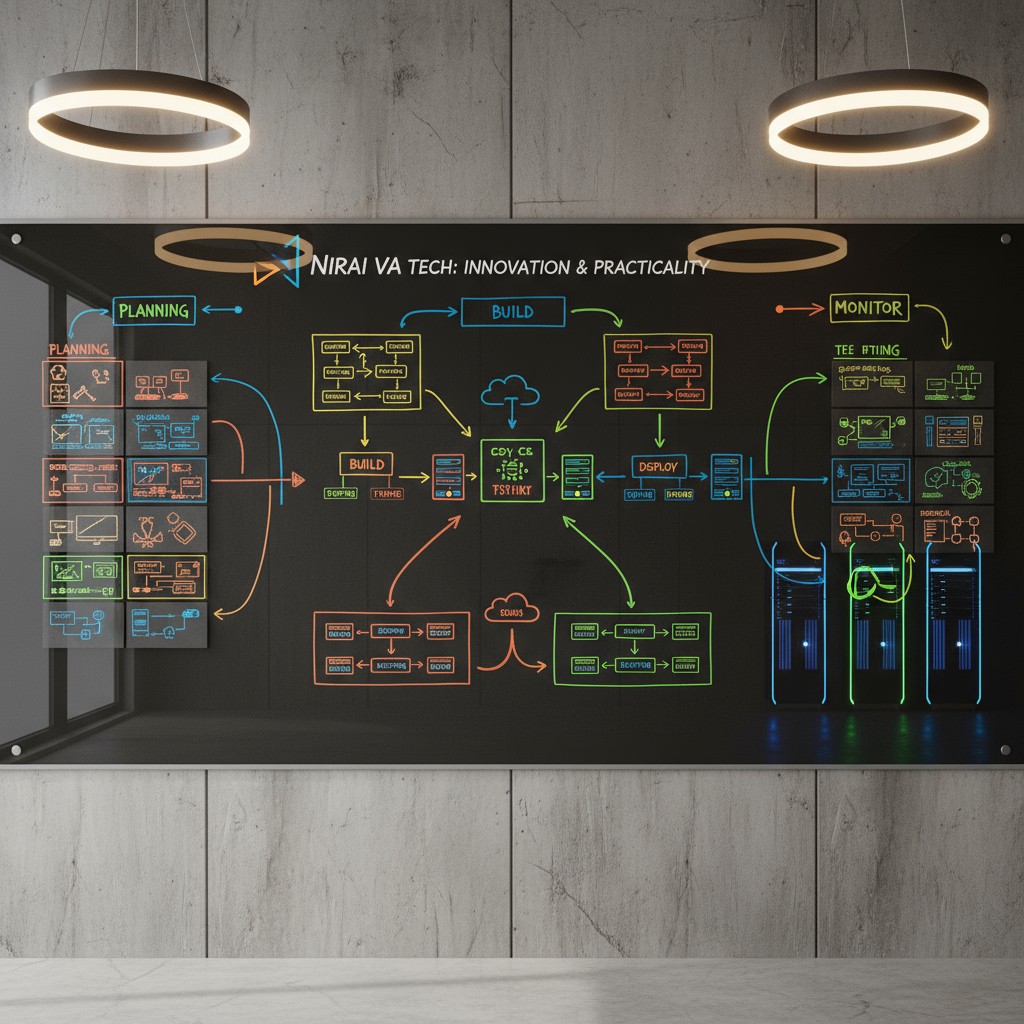 Here is the rewritten caption in 5 sentences: The infographic showcases the flowchart of Nirai VA Tech: Innovation & Pract...