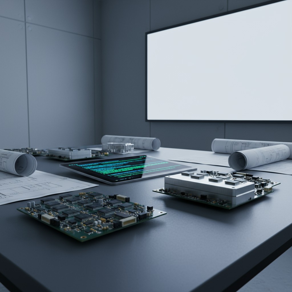 A gray office with four laptops with newer processors, and blueprints scattered all over a gray table.