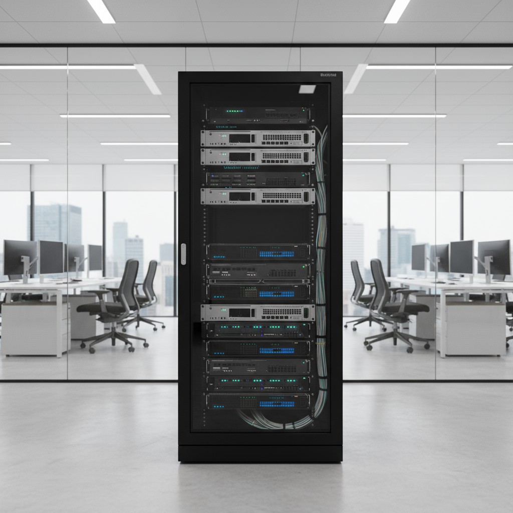 A network server surrounded by glass offices with computer towers and chairs visible outside. A metal framework with glass...