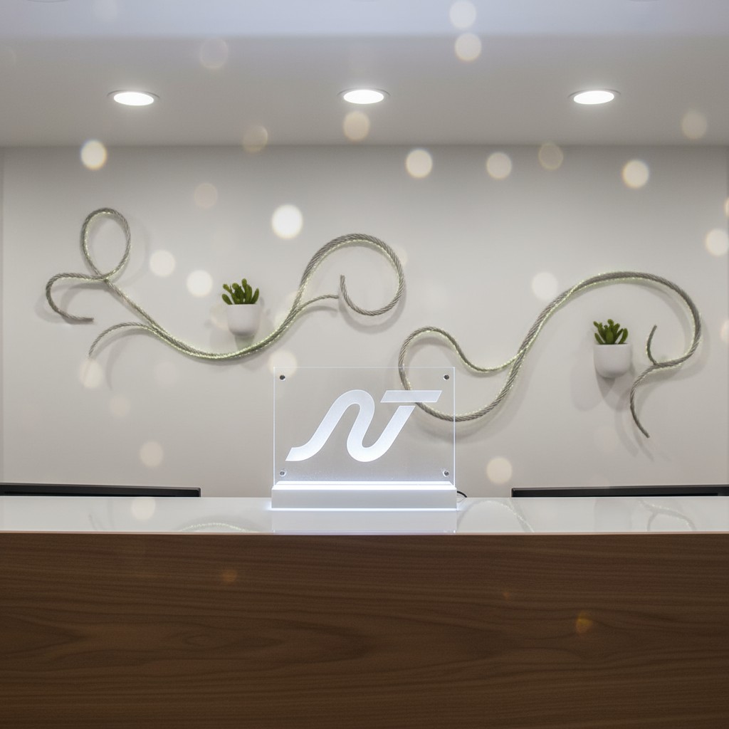 An office entryway featuring a modern wall sculpture made of rubber cords in a flowing, organic shape, accompanied by two ...