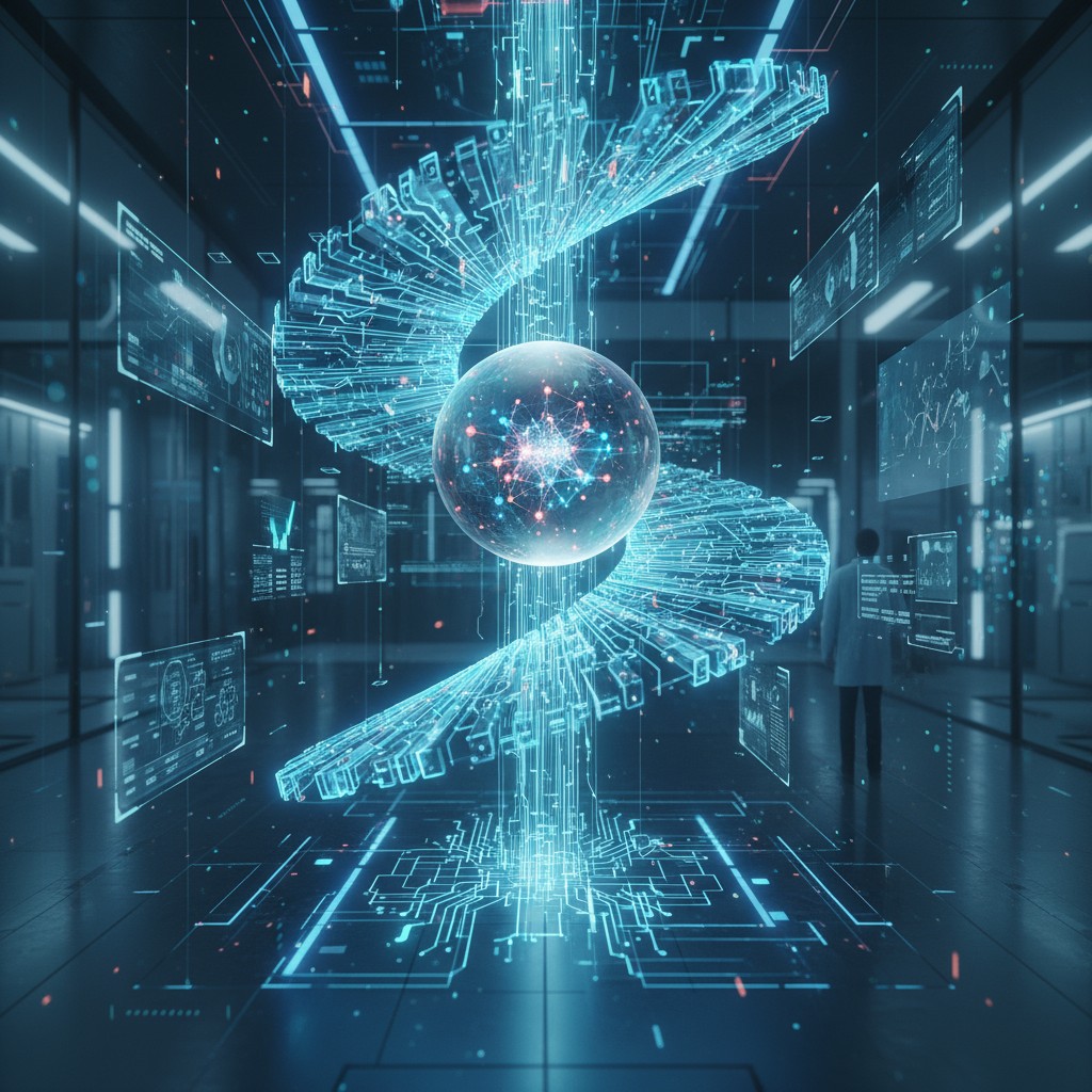 Interior space displaying an abstract DNA strand with a globe in the center and scattered computer circuitry, with a worke...